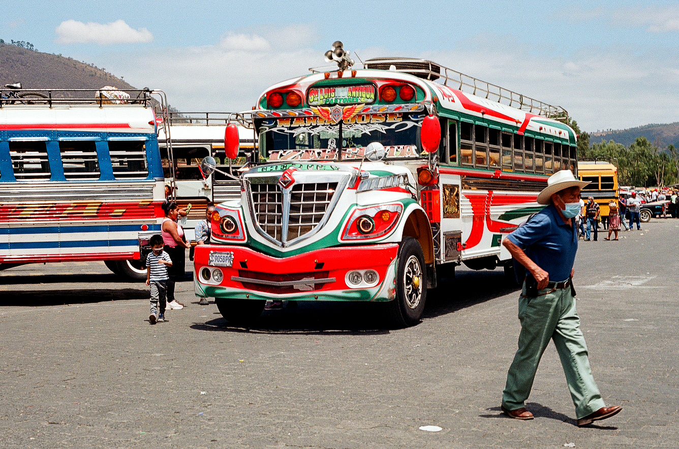 Colorful chicken bus with red, green and white decorations