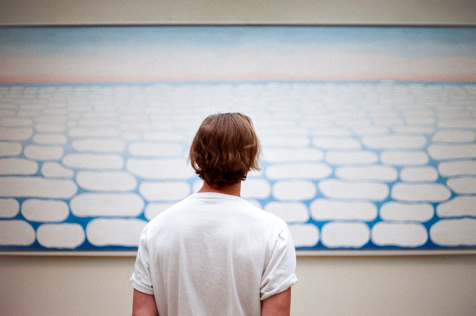 Back view of person in white t-shirt looking at abstract blue and white artwork