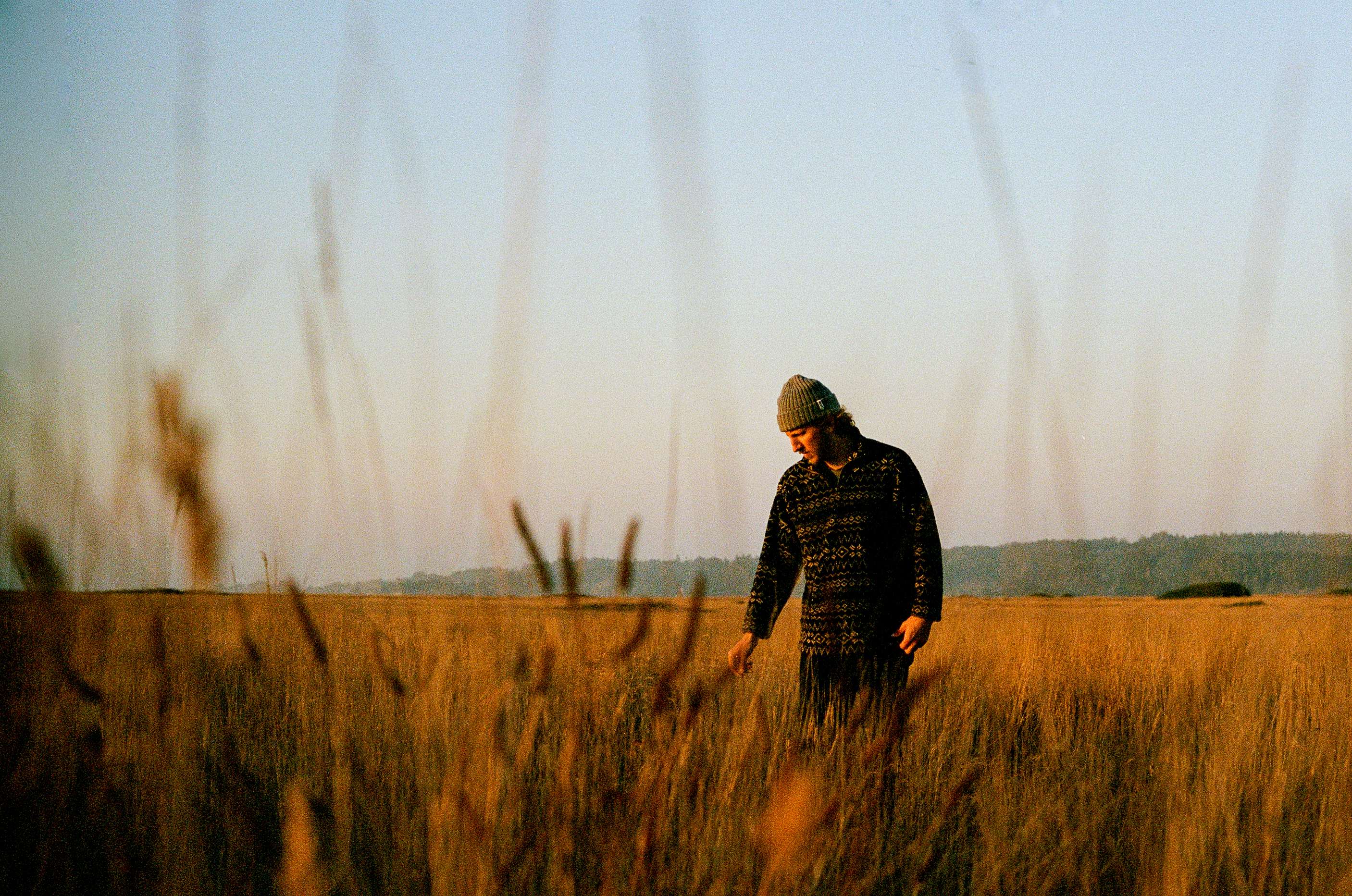 Person in patterned sweater walking through golden tall grass at sunset