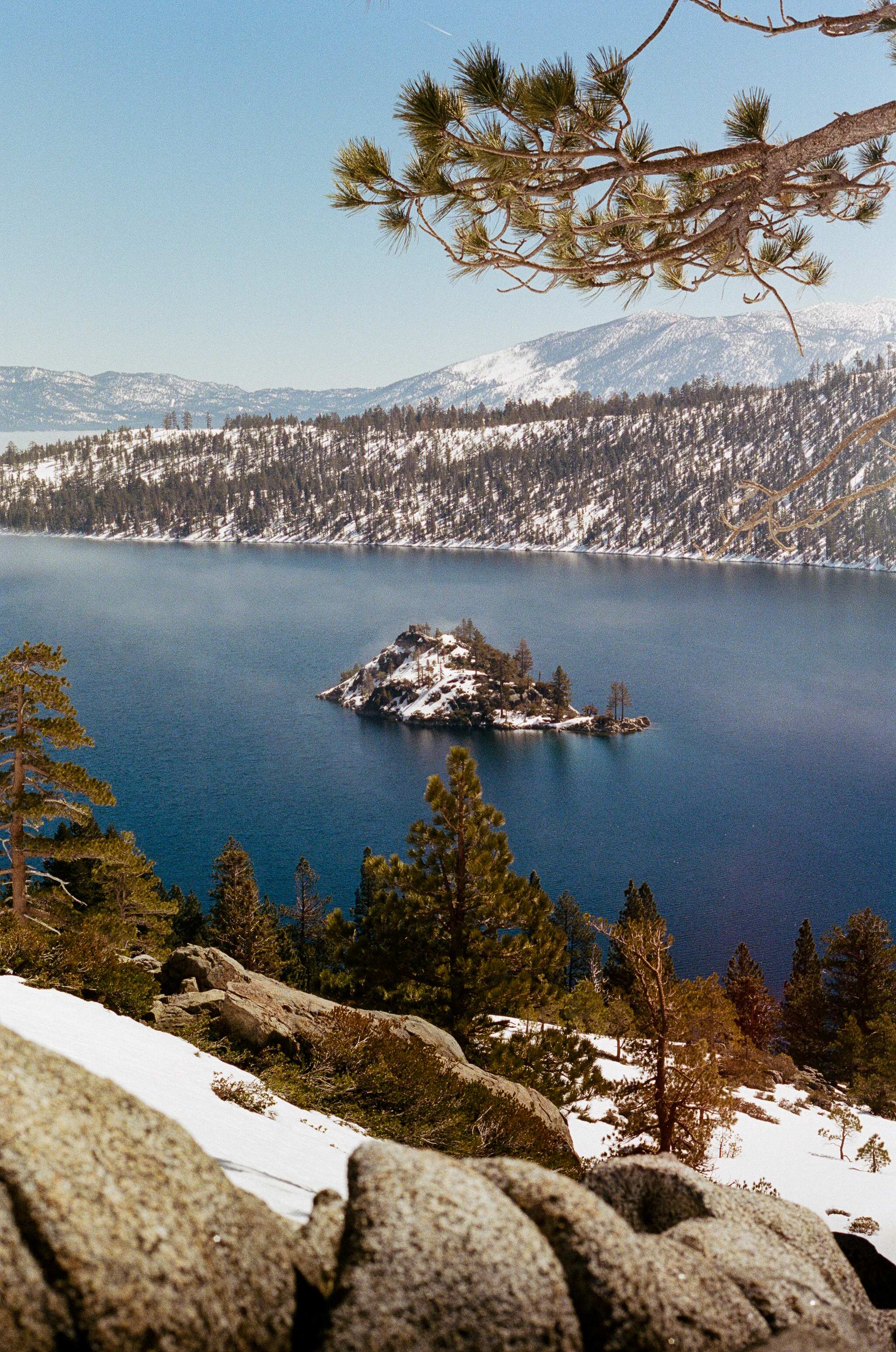 Emerald Bay at Lake Tahoe in winter with snow-covered mountains